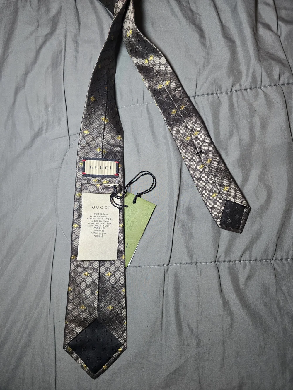 Gucci Gray Silk Tie with Gold Bee Motif